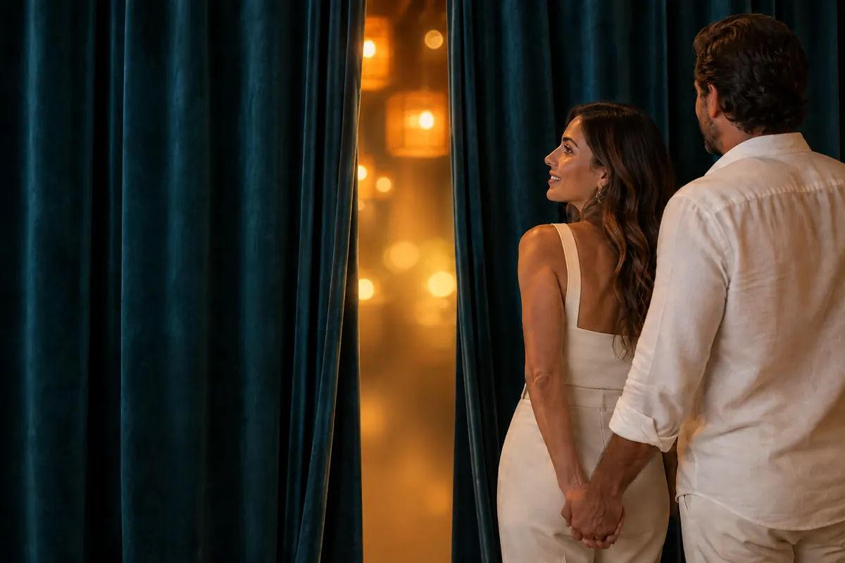 Casal vestido de branco, de mãos dadas, diante de uma cortina de veludo azul que se abre para uma luz dourada