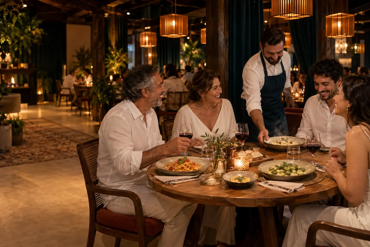 Mesa de quatro pessoas vestidas de branco recebendo pratos de massa servidos por um garçom
